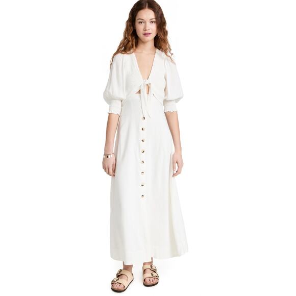 Free People String of Hearts White Button Tie Front Linen Blend Maxi Dress Sz M - Picture 1 of 6
